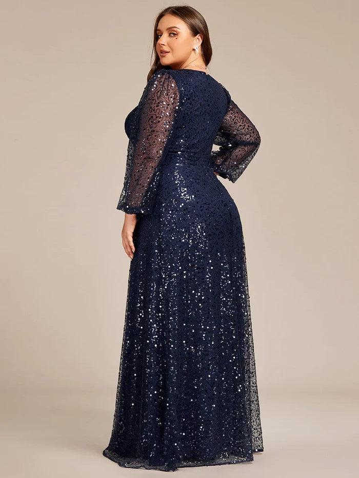 Plus Size V-Neck Lantern Long Sleeve Sequin A-Line Evening Dress/Prom Dresses